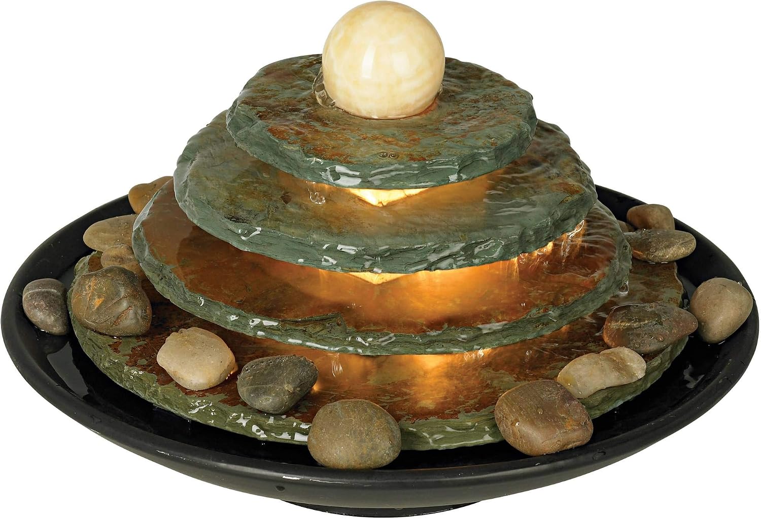 Pyramid 10" High Feng Shui Ball Lighted Table Indoor Small Fountain | Zen Modern Decor Slate Stone Tabletop with Light Waterfall Rock Water Feature for Desk Relaxation Bedroom Living Room