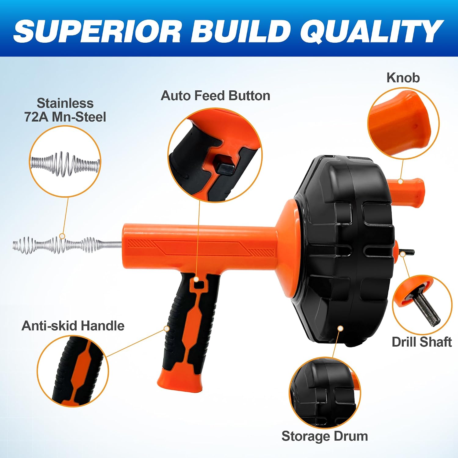 Drain Auger 33Ft, Auto-Feed Drain Clog Remover Plumbing Snake Drain Tools | Drill Adapter for Quickly Unclogging