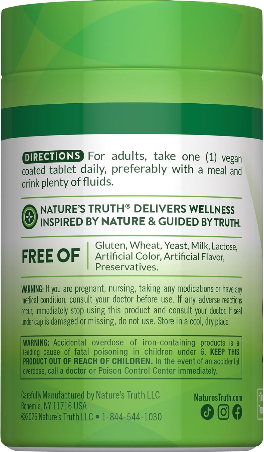Nature's Truth Iron Supplement | 65mg | 120 Tablets | 325mg Ferrous Sulfate | Vegan, Non-GMO & Gluten Free Pills