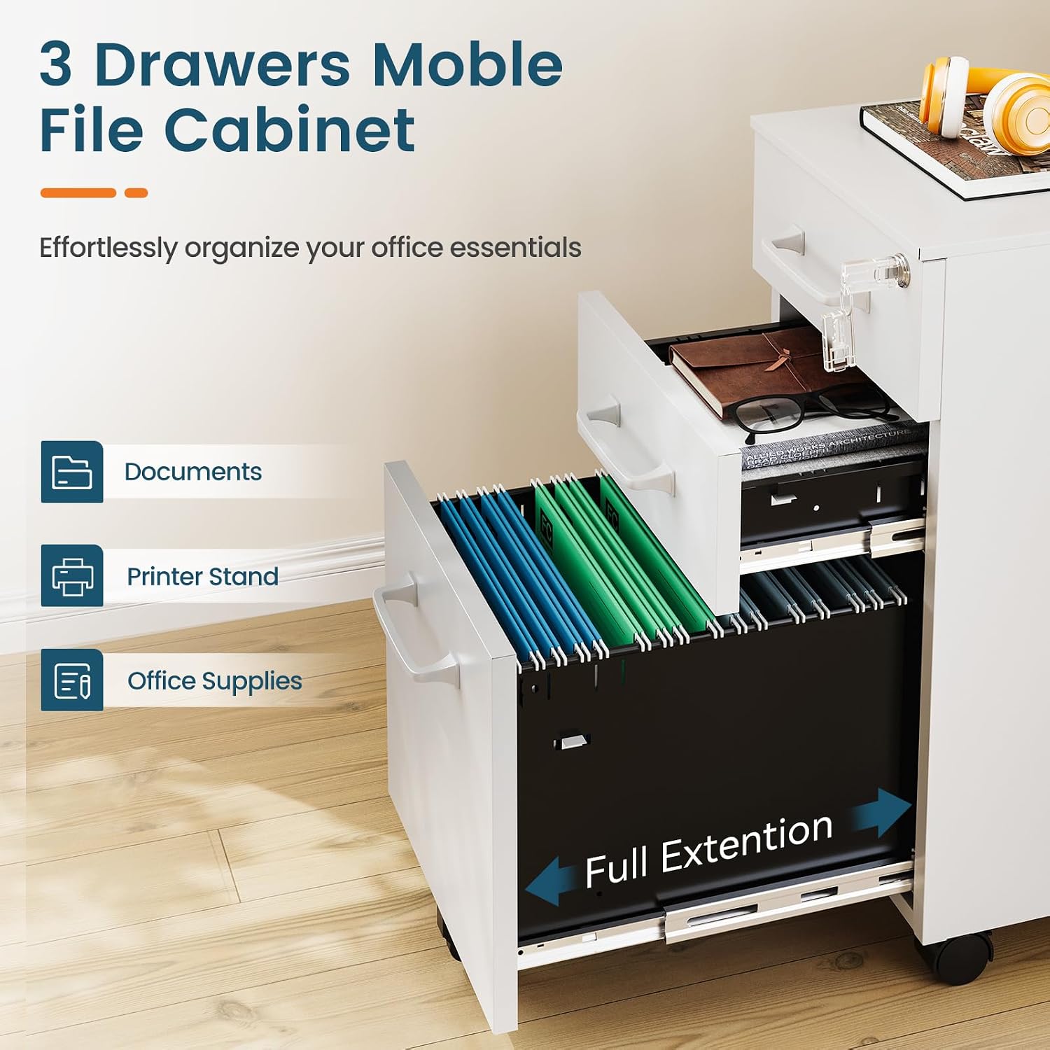 MIIIKO 3 Drawer File Cabinet with Lock, Metal Lateral Rolling Printer Stand Filing Cabinets for Home Office Storage,A4, Letter,File Folders(White)