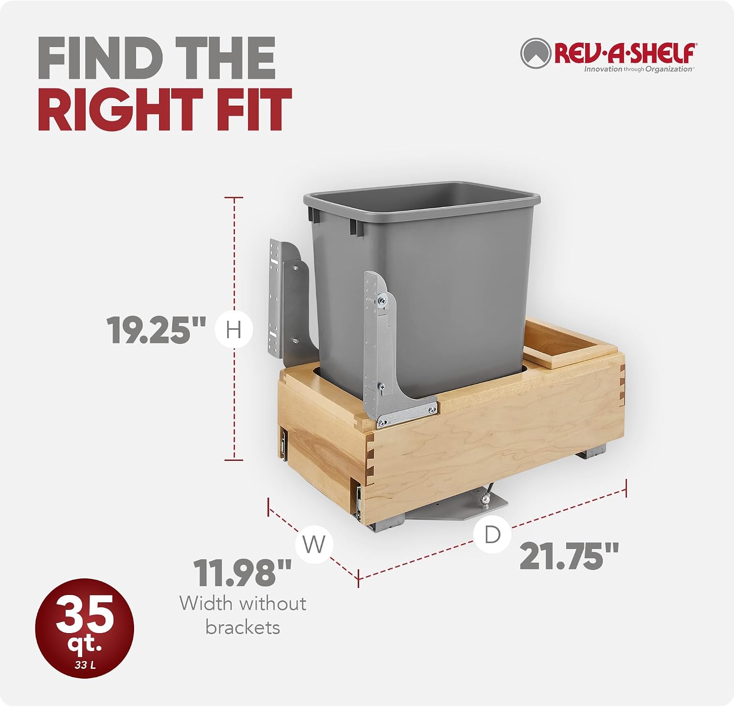 Rev-A-Shelf 35 Qt Bottom Mount Single Pullout Under Cabinet Kitchen Trash Cans for Base Cabinets, 150 Pound Rated Full-Extension Slides, Min Opening Width of 11.5", Silver, 4WCBM-15DM-1