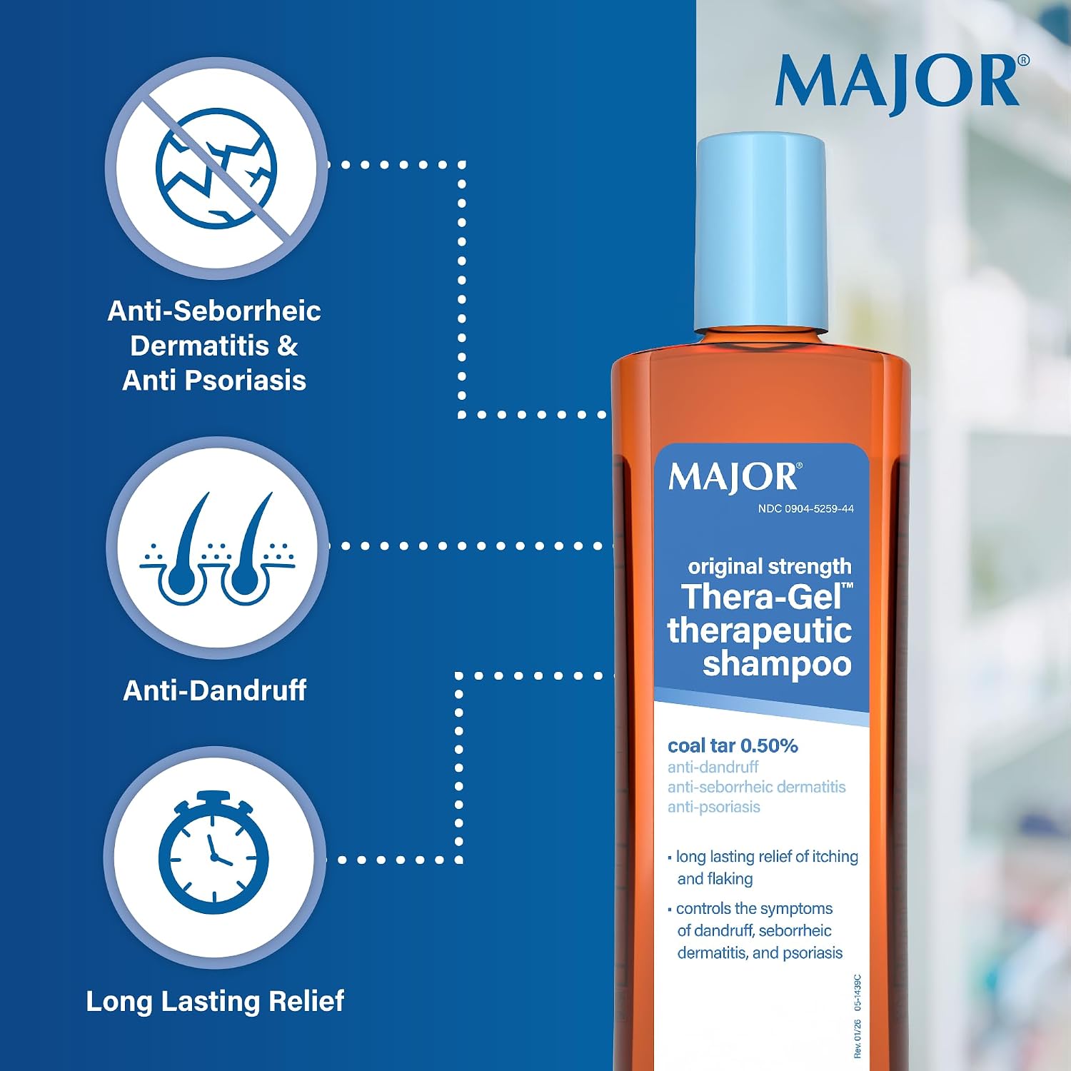 Major Thera-Gel Therapeutic Shampoo - Original Strength - Coal Tar 0.50% - Helps Control The Symptoms of Seborrheic Dermatitis, Psoriasis