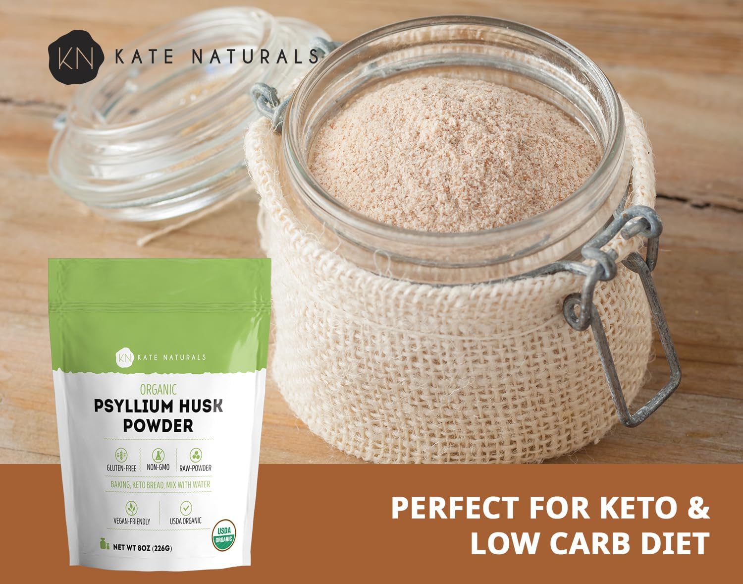 Kate Naturals Psyllium Husk Powder for Fiber and Baking Bread, 12oz | Organic, Gluten Free, Fine Ground, For Digestion, Mixes Easily with Juice & Smoothies