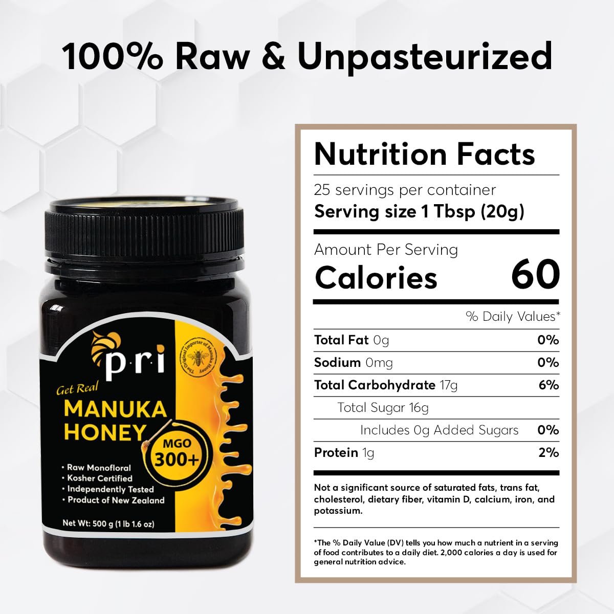 P.R.I Manuka Honey MGO 300+, Elevated-Potency (500g/1.1lb) | Elevated‑Potency Monofloral New Zealand Honey, Cool‑Processed & 100% Traceable