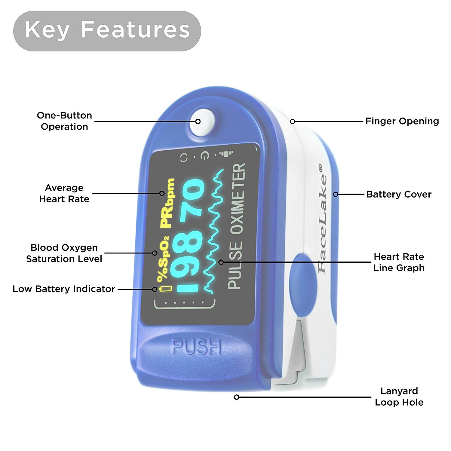 FL350 Blue Pulse Oximeter with Carrying Case, Lanyard & Batteries