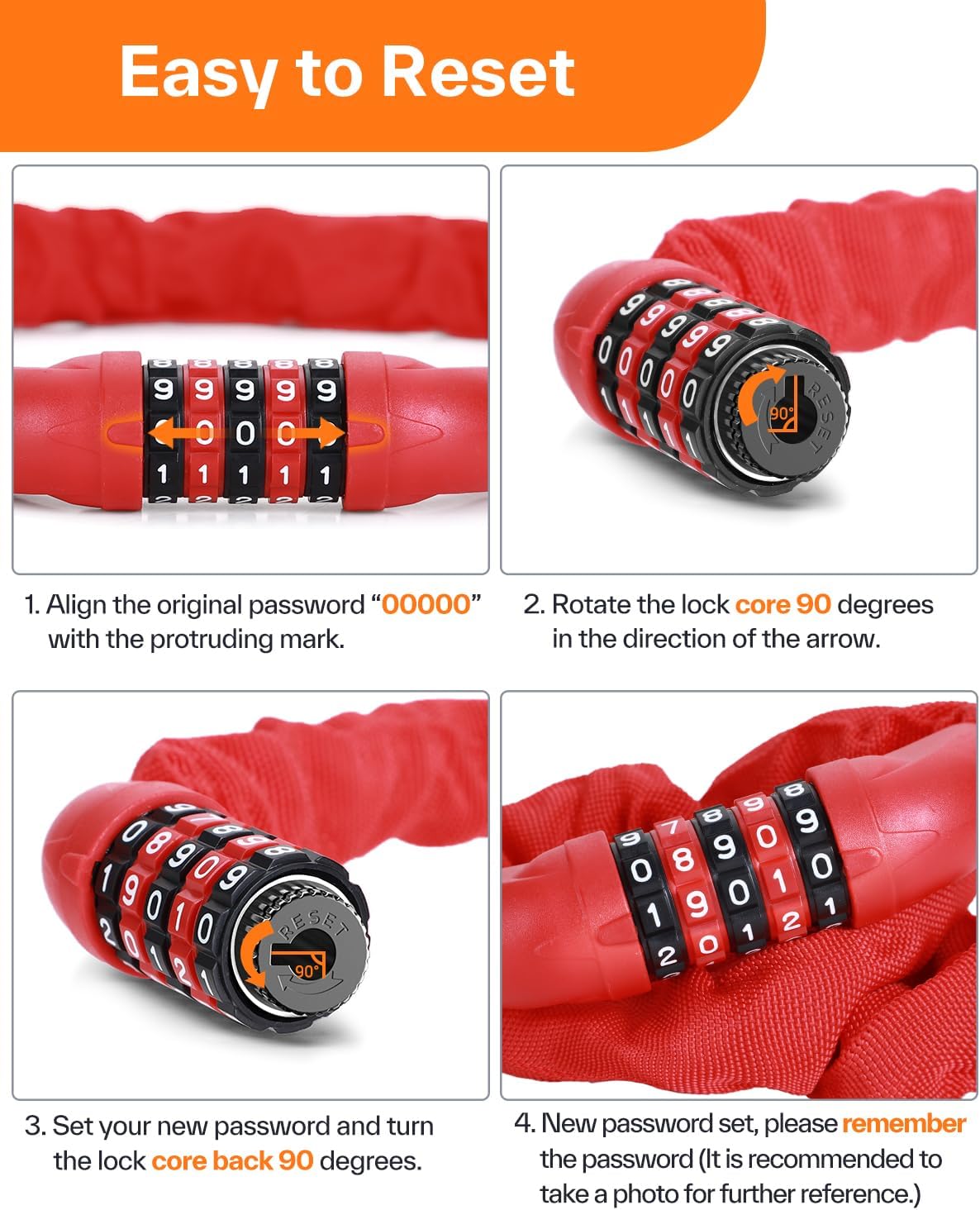 Sportneer Bike Lock: 5 Digit Combination High Security Anti Theft Bike Chain Lock - 3.2/3.6/4ft Heavy Duty Keyless Bicycle Lock for Bike, Motorcycle, Scooter, Door & Gate - 4/6mm Thick, Easy to Use