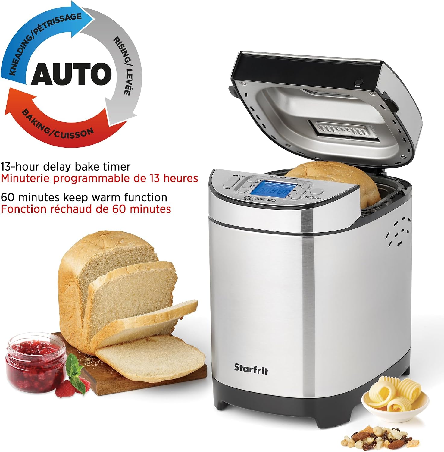 Starfrit Electric Bread Maker, 2lb, 13 Programs, Auto Dispenser, 550W