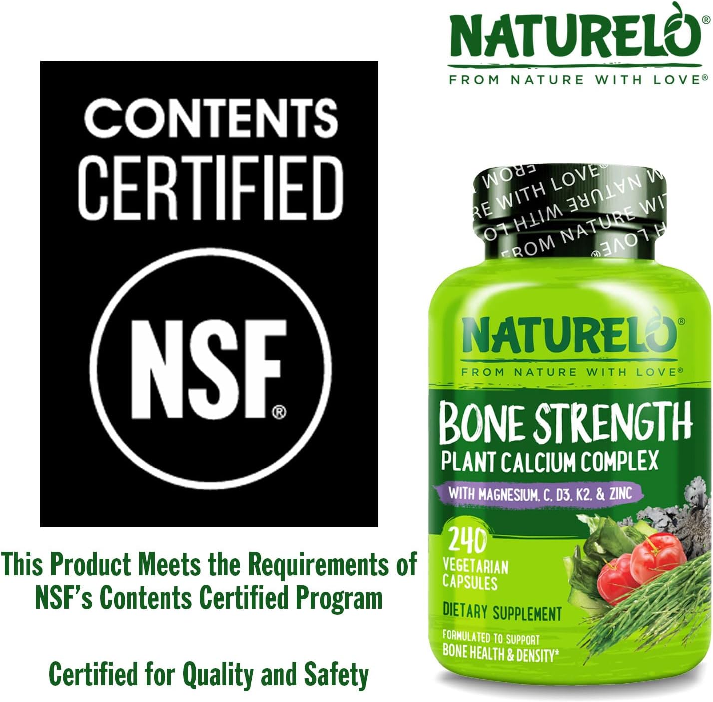 NATURELO Calcium Supplement with Vitamin C, D3, K2, 120 Vegetarian Capsules | Magnesium & Zinc for Bone Strength,Plant-Based Calcium 600mg , Non-GMO, Soy & Gluten-Free