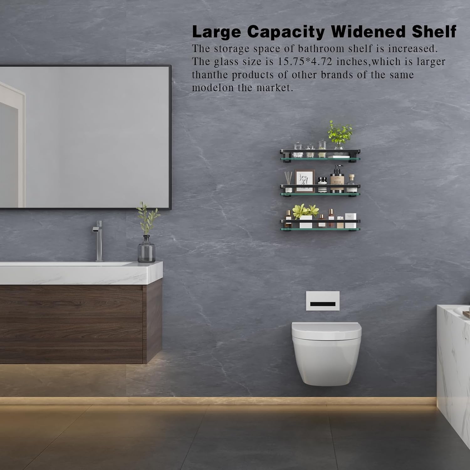 VOLPONE Bathroom Wall Shelf 15.7in Bathroom Glass Shelves Wall Mount Glass Shelf Rustproof Bathroom Wall Organizer 3 Tier (Sliver)