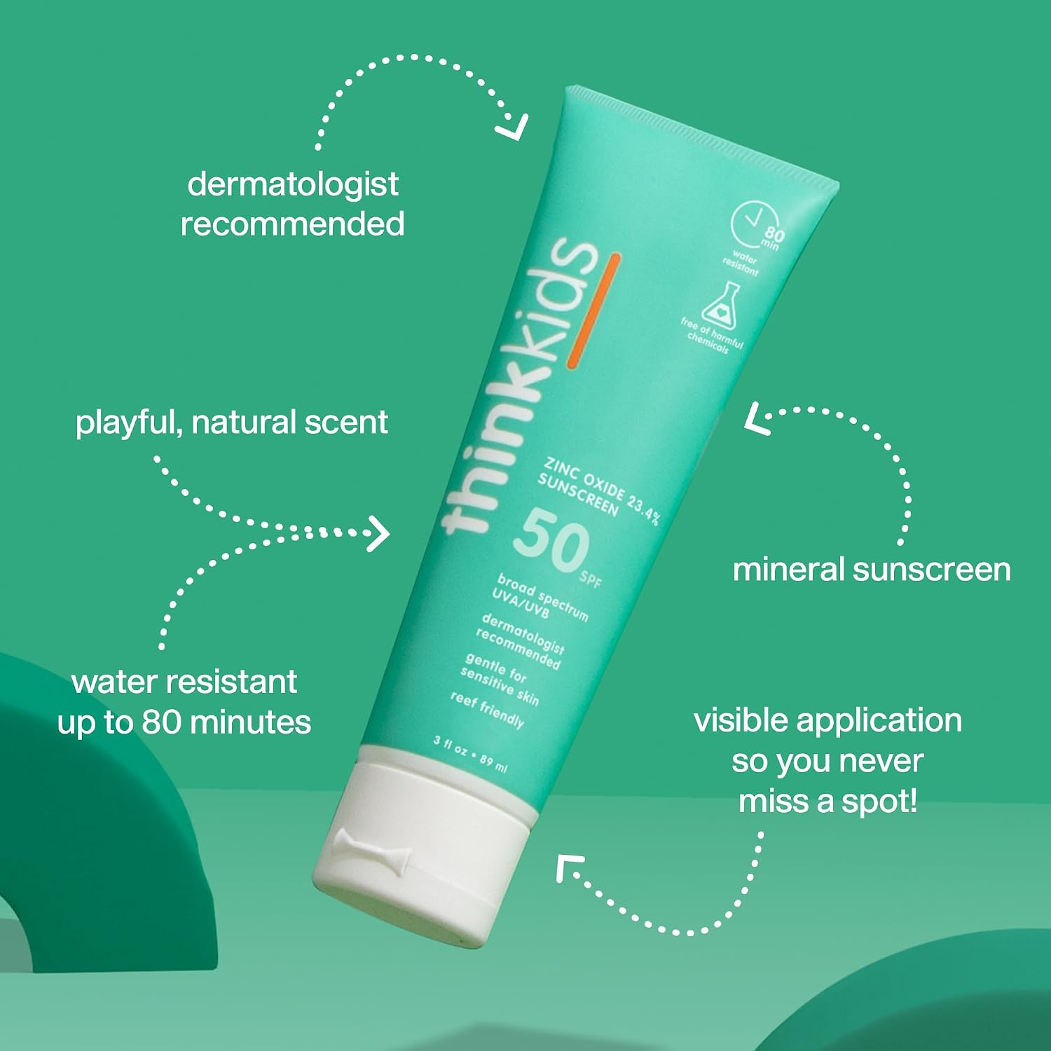 Thinkkids Kids Sunscreen SPF 50+, Mineral Formula, Water Resistant, 3 Fl Oz