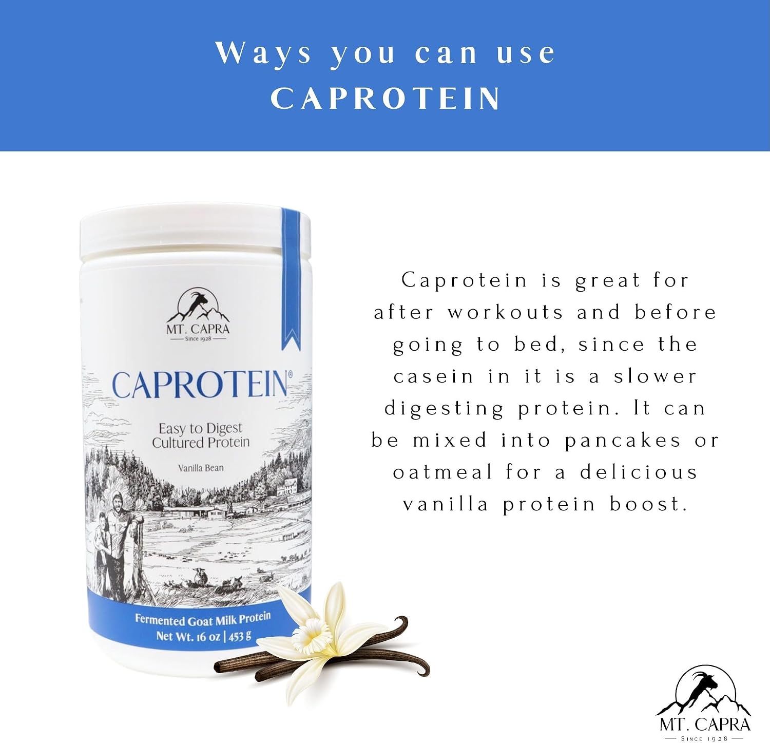 Mt. Capra Caprotein | Casein Protein Concentrate, Fermented Goat Milk Protein from Grass-Fed Pastured Goats
