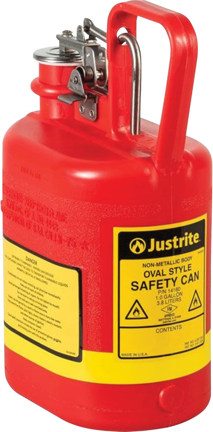 Justrite 14160 1 Gallon Type I Red Oval Polyethylene Safety Can | 4 5/8" x 7 5/8" x 12 3/4"