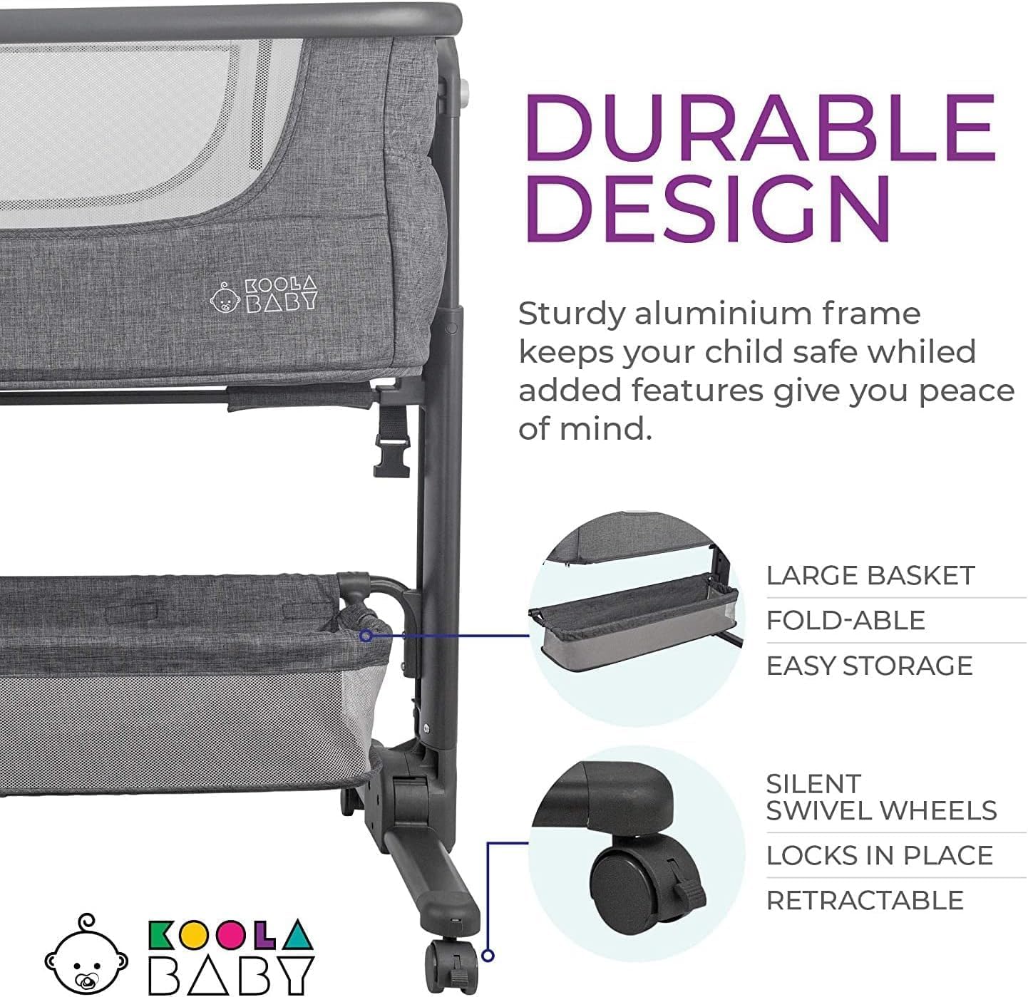 KoolerThings Baby Bassinet, Bedside Sleeper for Baby, Easy Folding Portable Crib with Storage Basket for Newborn, Bedside Bassinet