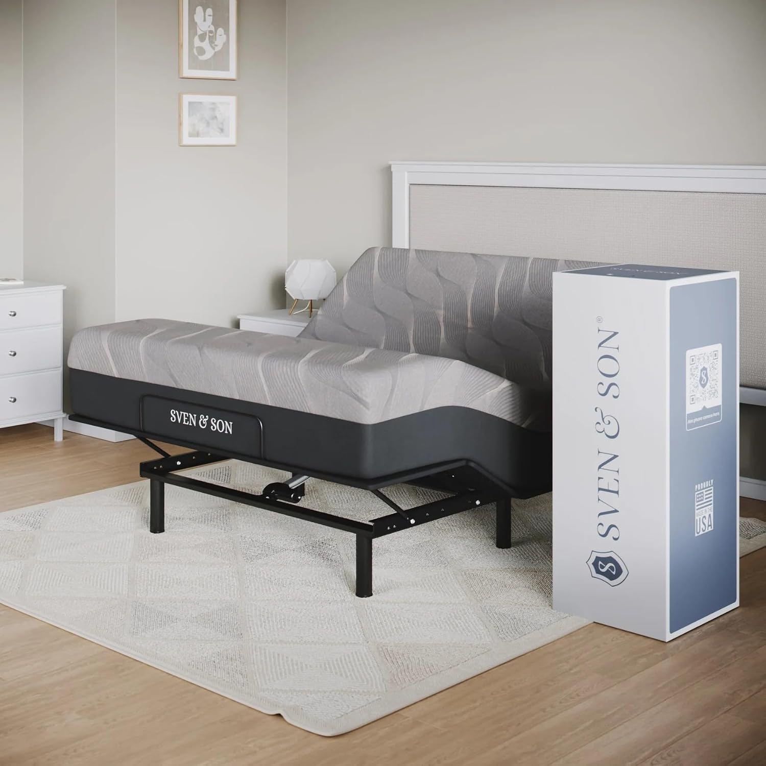 Sven and Son Essential Adjustable Bed Base (Frame) + 12 inch Memory Foam Matt (Medium), Easy Assembly, Head and Foot Lift, Memory Positions