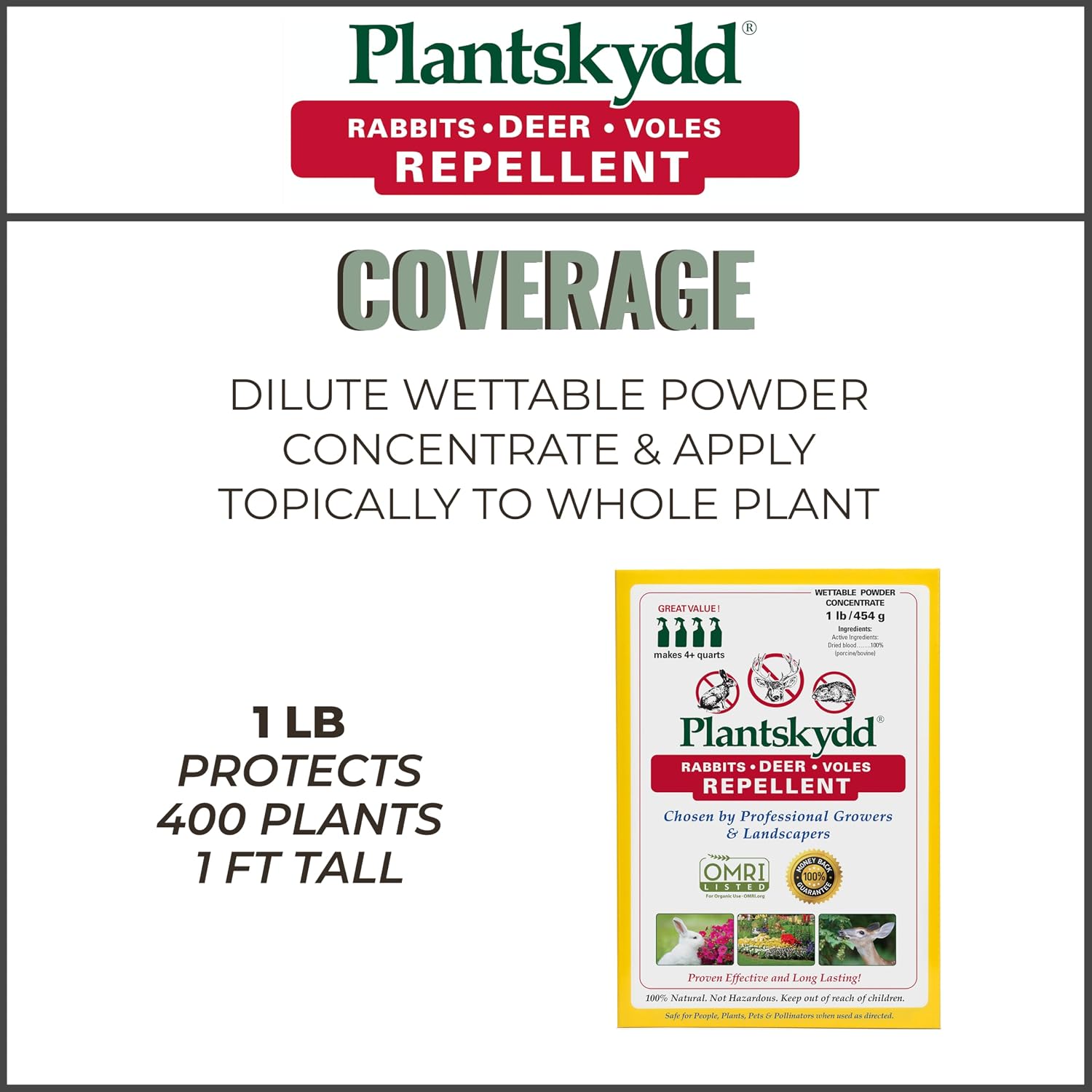 Plantskydd Animal Repellent for Deer, Rabbit, Voles, Powder Concentrate 1lb | Makes 1 Gallon of Liquid Repellent