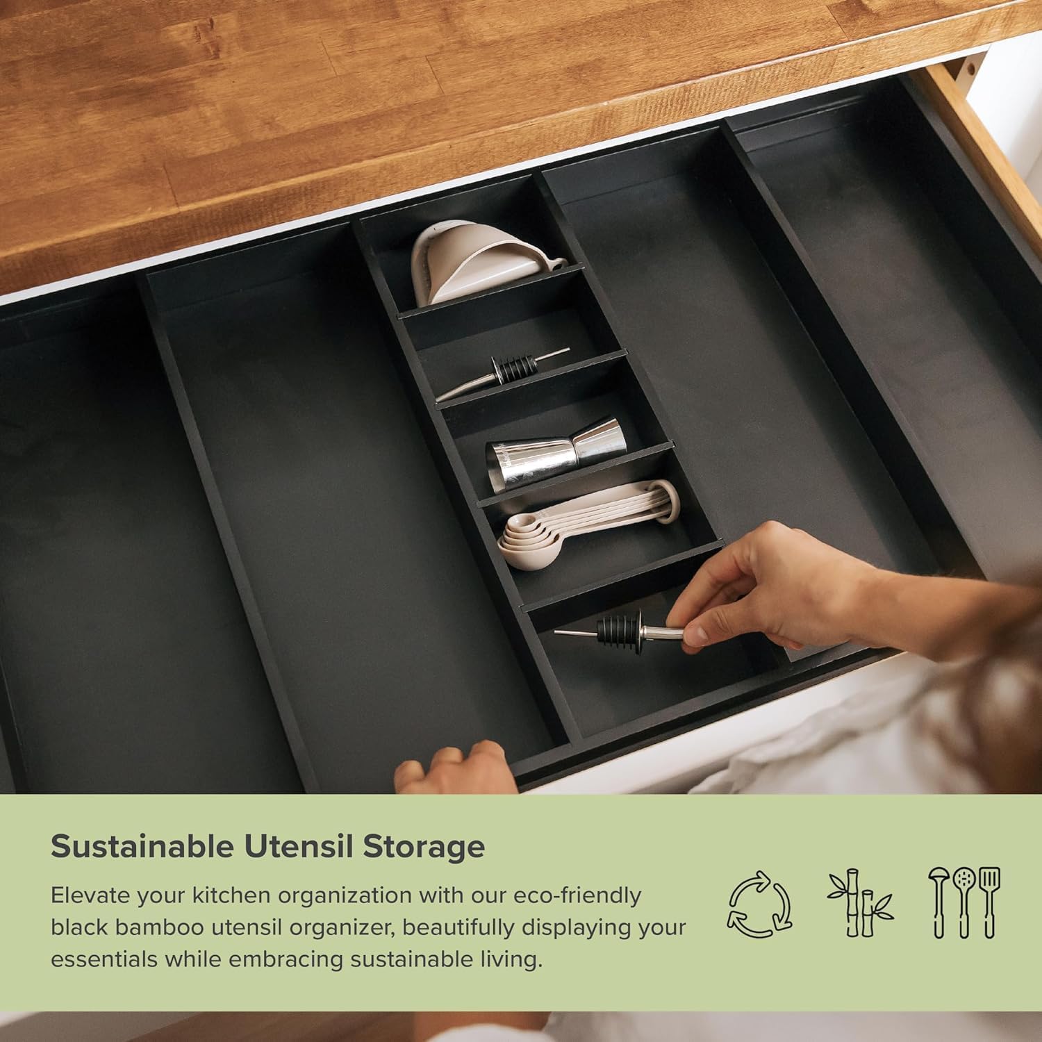 Utensil & Junk Drawer Organizer, 16-28 in, Bamboo | Food-safe contract grade, 100% sustainable wood, non-slip, adjustable