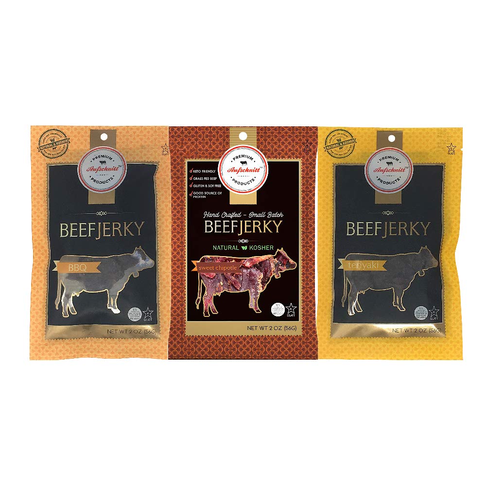 Aufschnitt Grass Fed Beef Jerky - Low Sodium, Certified Kosher - Made in USA - Keto Friendly - 3 Pack, Sweet Variety
