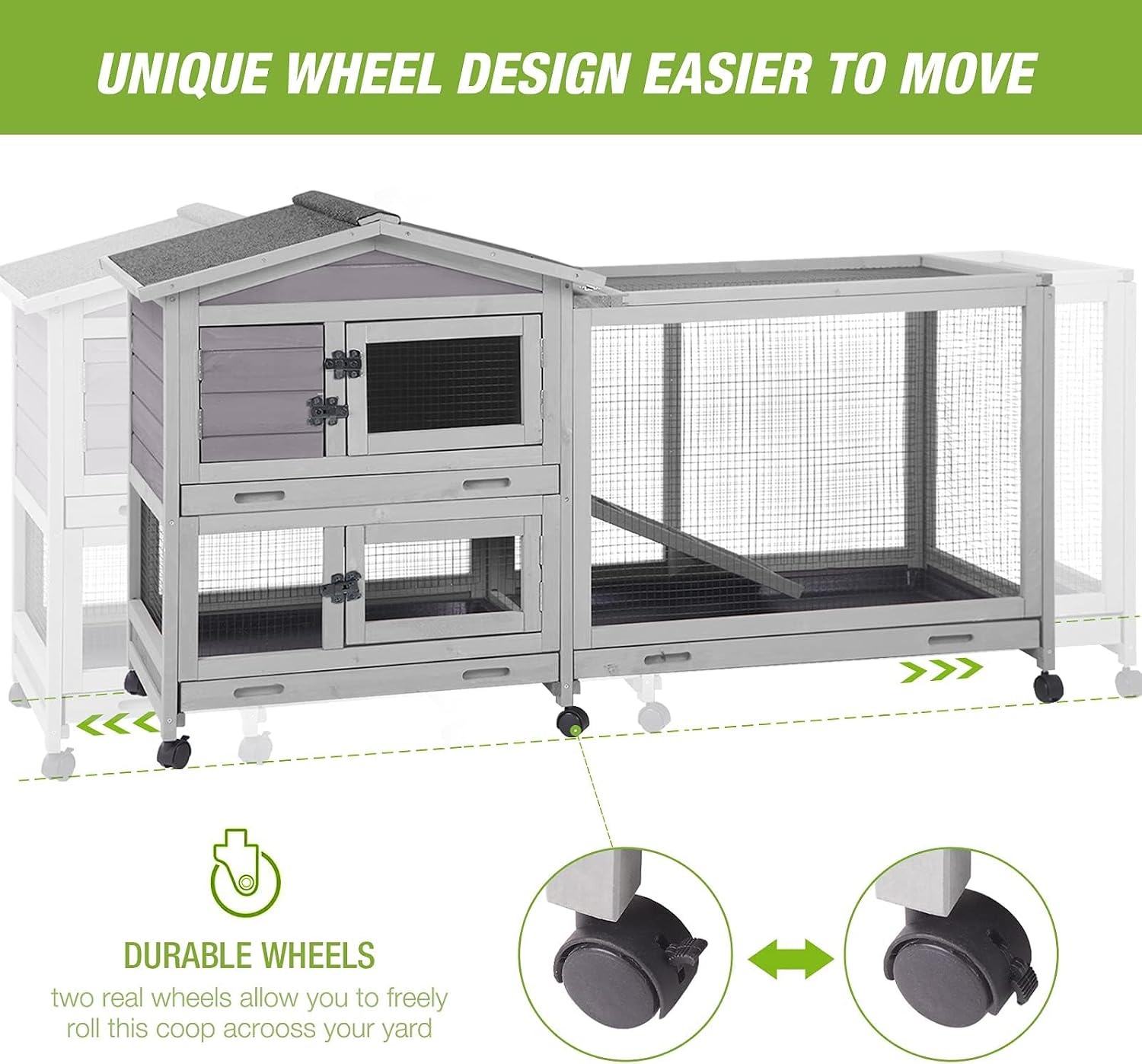 Outdoor Rabbit Hutch Indoor Bunny on Wheels Large Guinea Pig Cage with Run for Any Small Animals,Removable Pull Out Tray