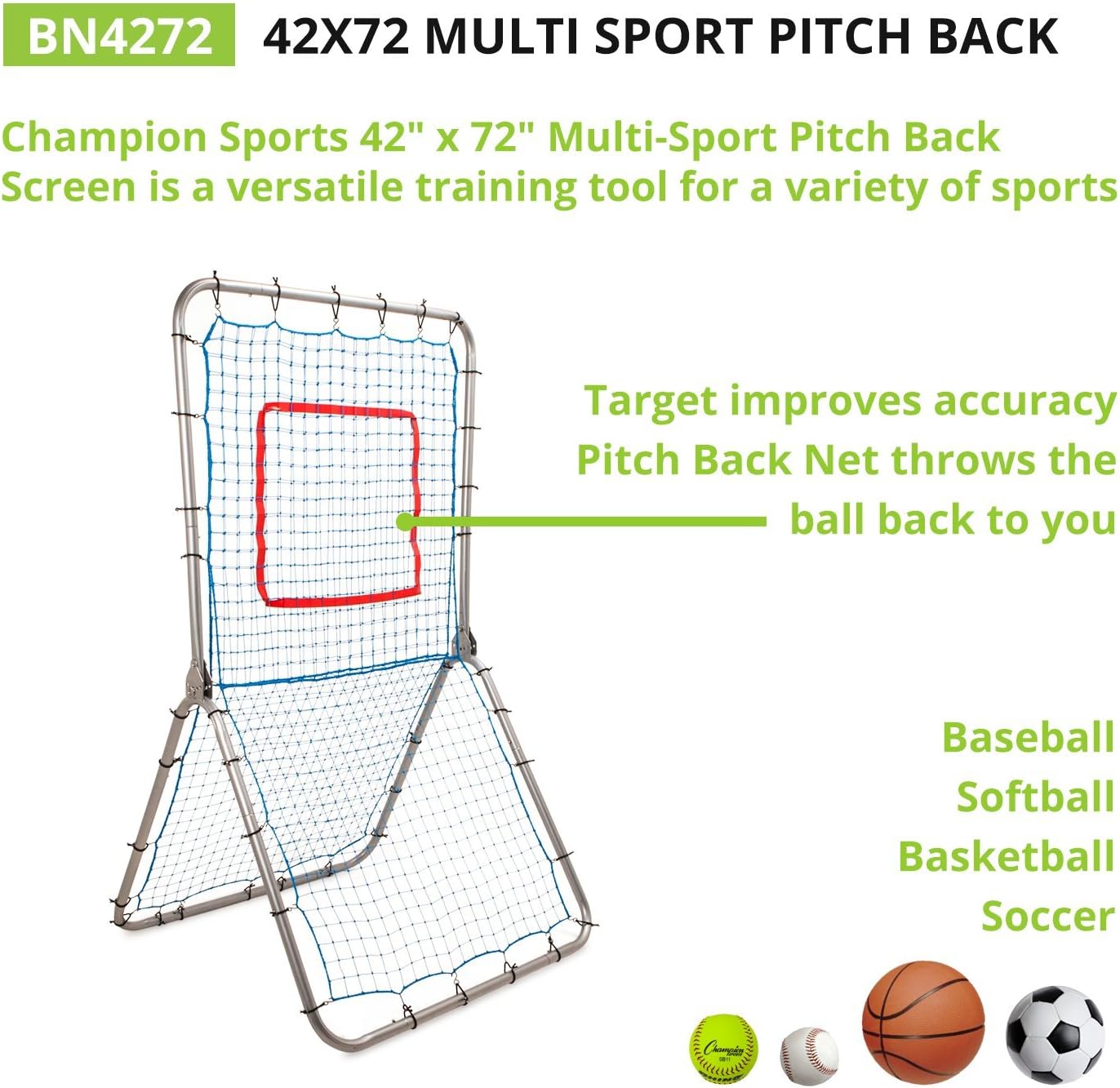 Champion Sports Pitchback Net & Rebounder – Baseball & Softball Multi-Sport Training Screen with Strike Zone Target