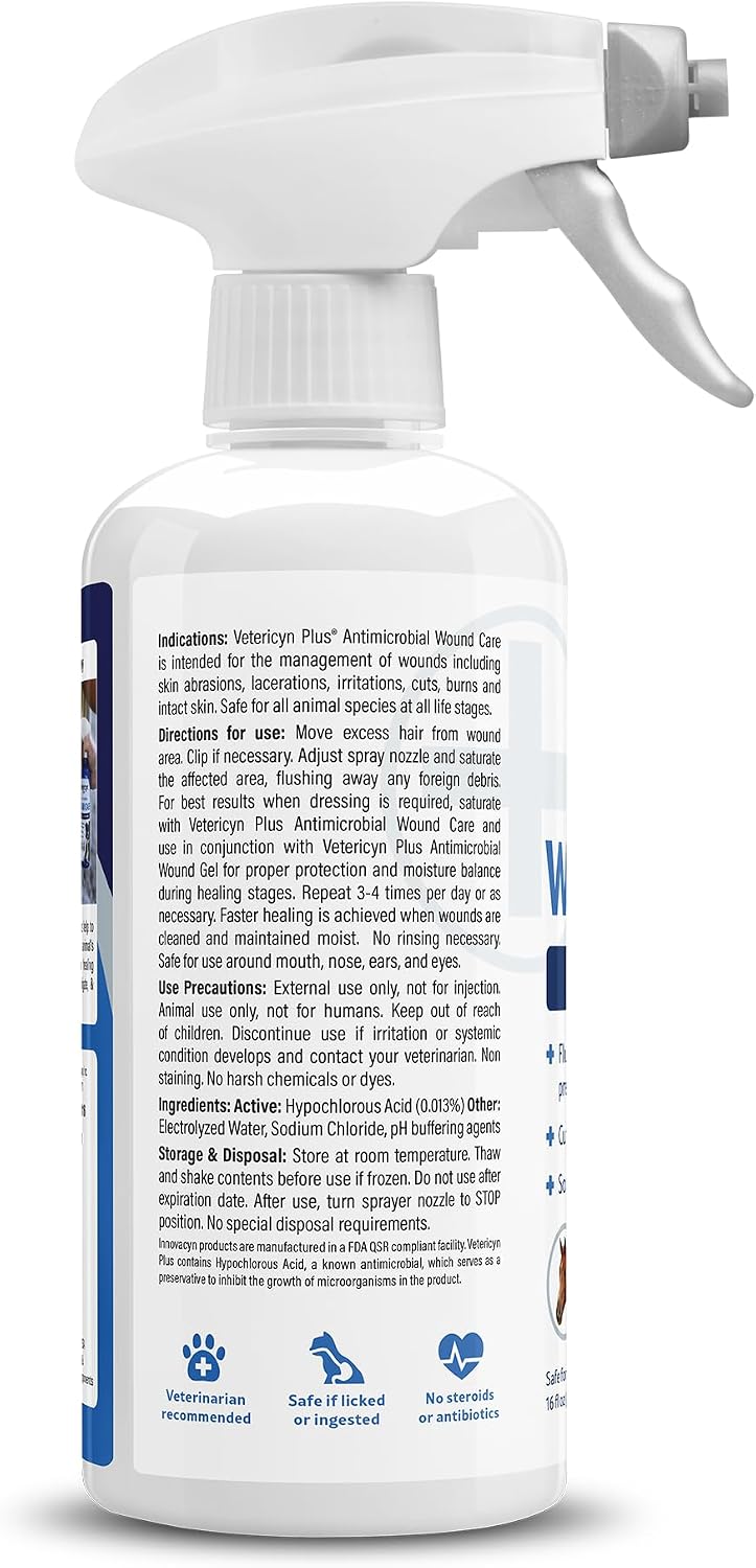 Vetericyn Plus Dog Wound Care Spray | Healing Aid and Skin Repair, Clean Wounds, Relieve Dog Skin Allergies, Safe for All Animals. 16 ounces