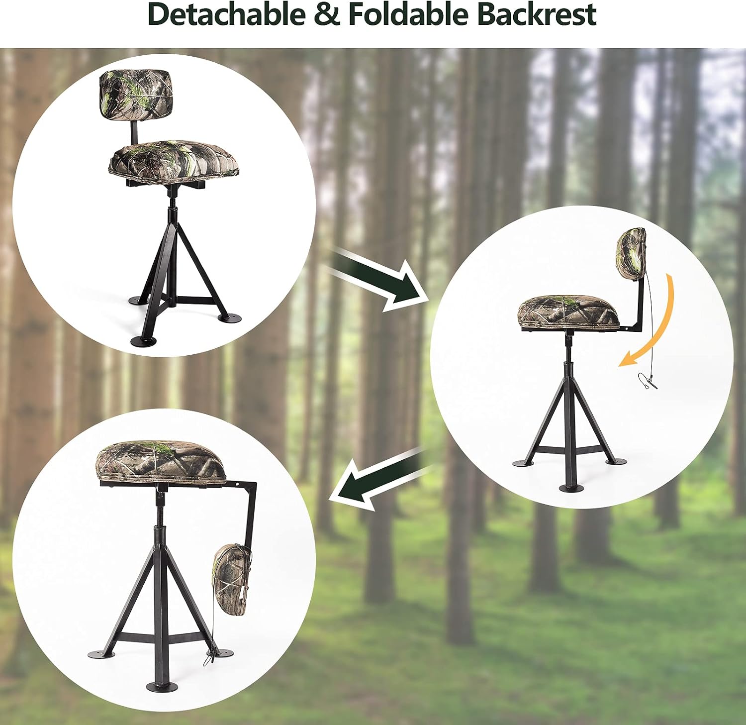 LDAILY Moccha 360 Swivel Hunting Chair, Camo Blind Chair with Detachable Backrest, Padded Seat, Height Adjustable Hunter Fishing Camping Stool