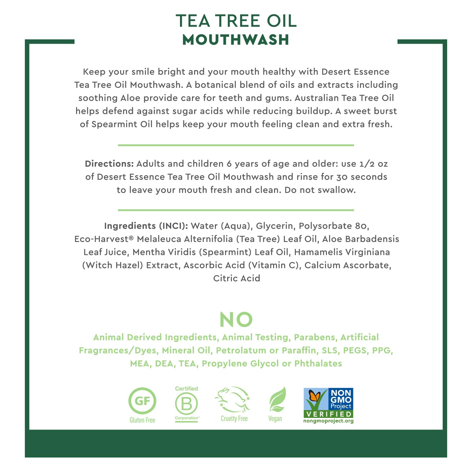 Desert Essence Tea Tree Oil Mouthwash, Alcohol Free, Spearmint, 16 fl oz | Sugar-free botanical formula with aloe
