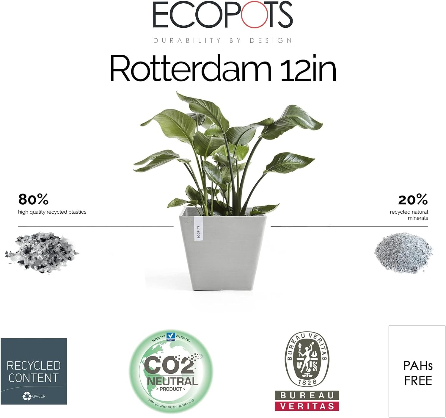 Ecopots Rotterdam Square Flower Planter, White Grey, 8" | Modern Style, Durable Recycled-Based Composite Construction, Weather and UV-Resistant, for Indoor/Outdoor Use