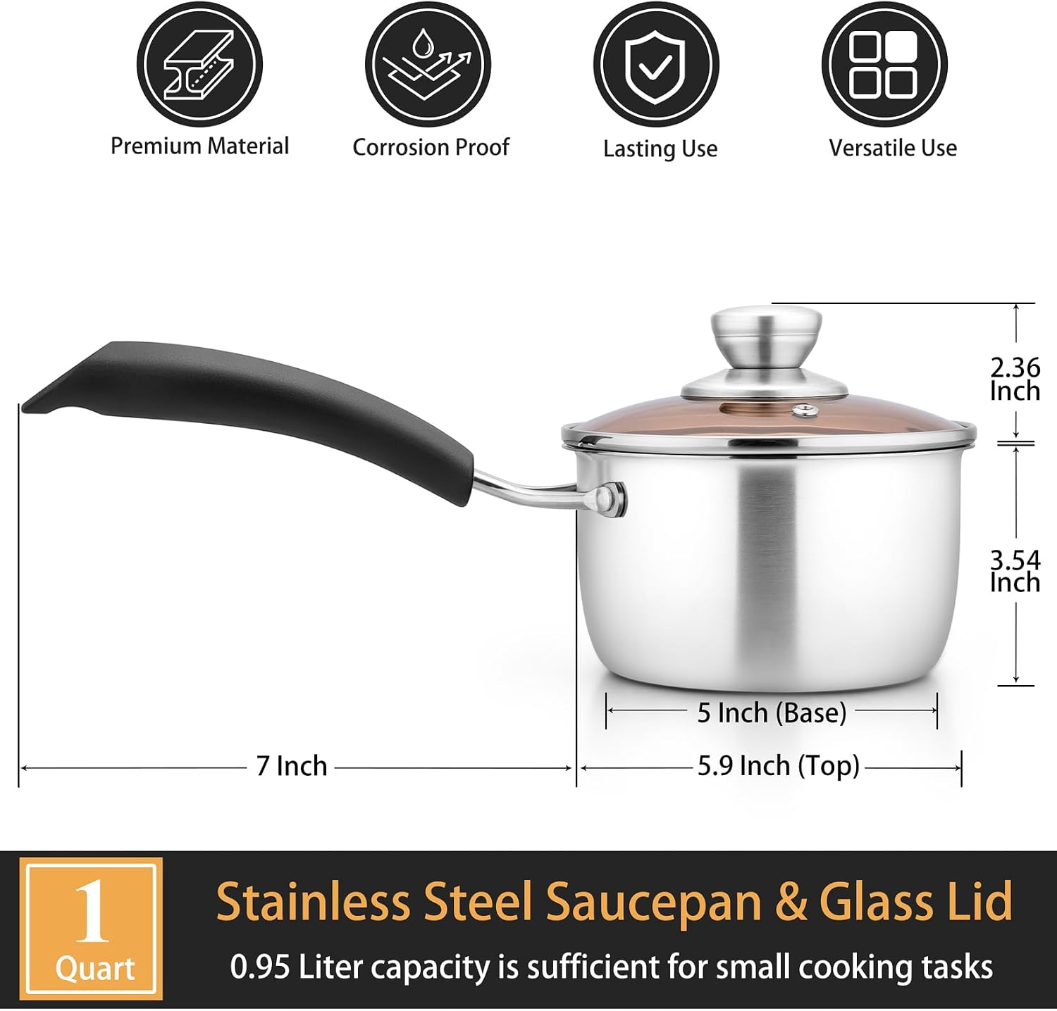 P&P CHEF 1 Quart Sauce Pan With Lid, Small Pot Saucepan, 1 Pc