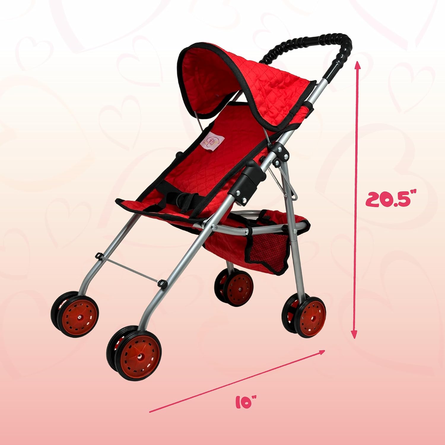The New York Doll Collection My First Doll Stroller with Basket & Heart Design Foldable Doll Stroller, Pink