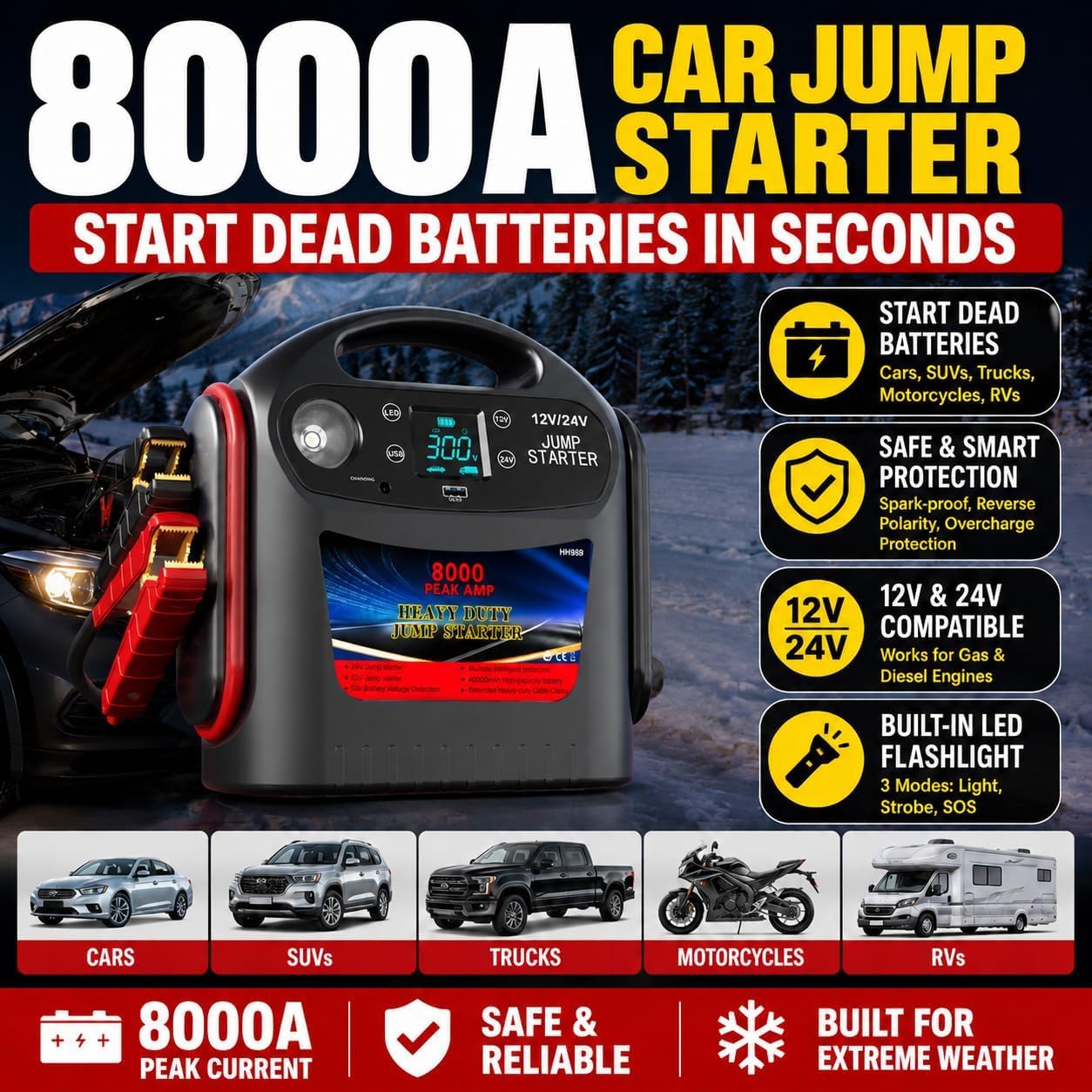 8000A Car Battery Jump Starter, Heavy Duty Jump Box for Gas & Diesel Vehicles, 12V/24V Portable Power Pack with LED Light for Trucks, SUVs