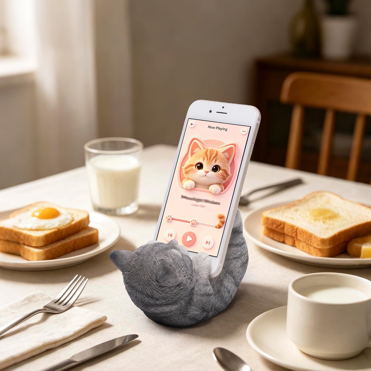 Hodao Cute Cat Phone Stand, Gray Kitten Cell Phone Holder for Desk, Resin Animal Figurine Stand for iPhone and Samsung, Vertical or Horizontal Viewing