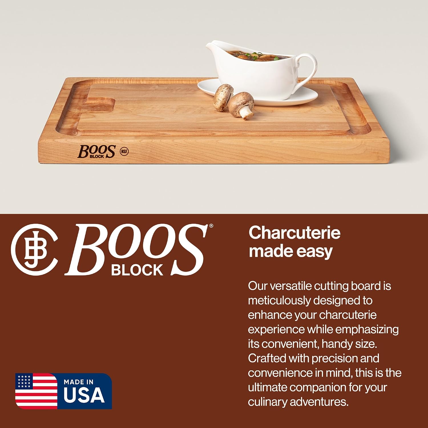 John Boos Aujus Series Rectangular Wooden Maple Cutting Board 20”x15” – 1.5” Thick, 12-lb Reversible Butcher Block with Sloped Juice Groove, Edge-Grain & Finger Grips – Made in the USA