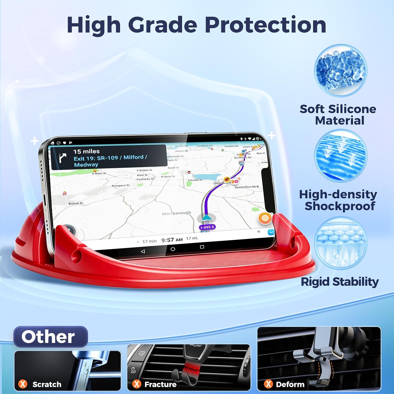 Loncaster Car Phone Holder, Car Phone Mount Silicone Car Pad Mat for Various Dashboards, Slip Free Desk Phone Stand Compatible with iPhone, Samsung, Android Smartphones, GPS Devices and More, Black