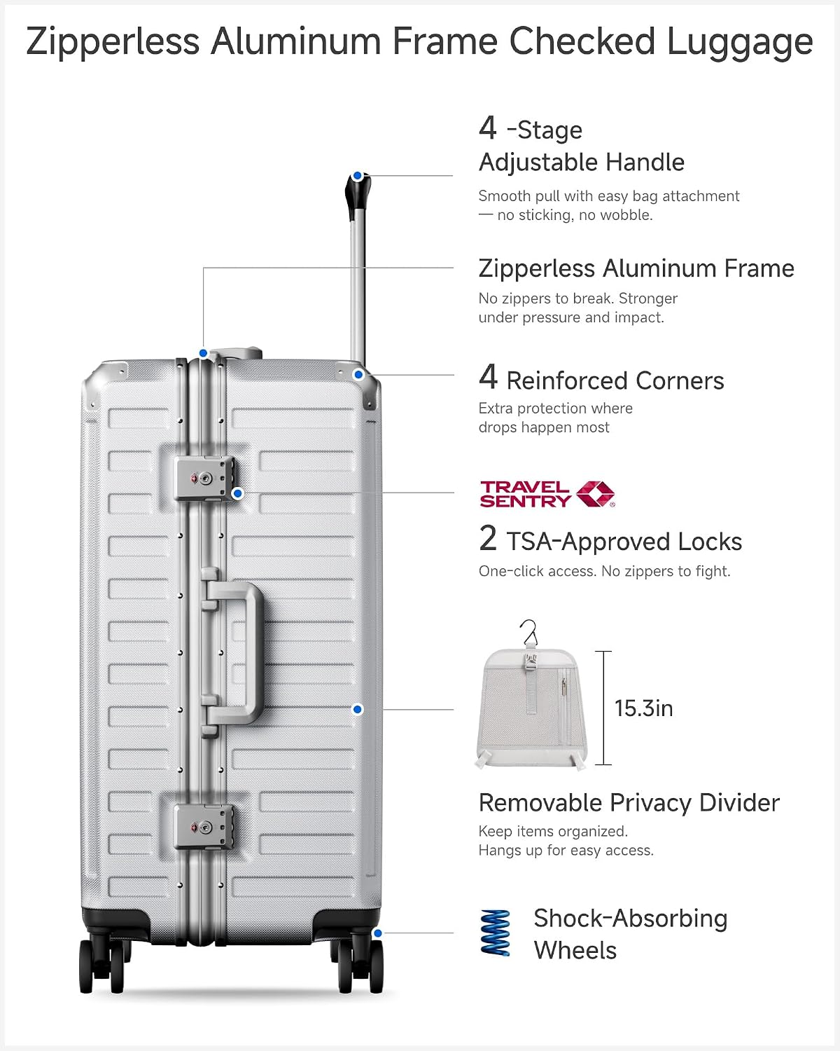 LUGGEX Zipperless Checked Suitcase, Aluminum Frame, Charcoal Metallic, 28" | Checked Luggage, 100% PC Hard Shell, 8010S Aluminum Frame, 8 Spinner Wheels, TSA Lock, Hard Shell, ZX-Core