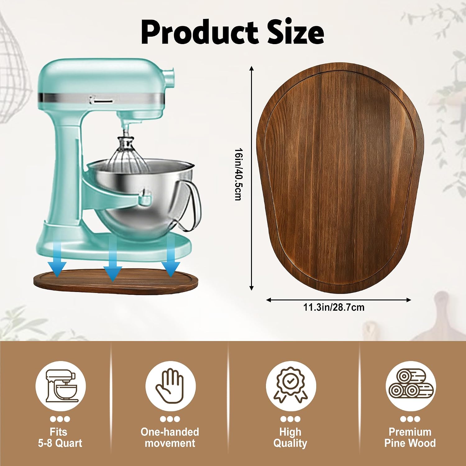 Mixer Slider Mat for KitchenAid 4.5-5 Qt Tilt Head Stand Mixers (Brown) | Pine Wood Moving Tray for Kitchenaid Artisan, Storage Organizer for Kitchen Countertop Accessories and Attachments
