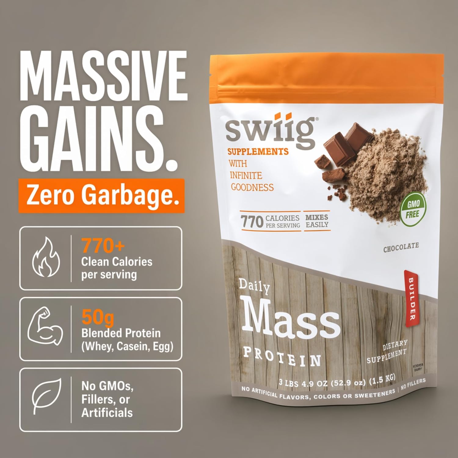 swiig Mass Builder Protein Powder, Chocolate, No GMO Ingredients, No Artificial Flavors, Colors or Sweeteners, No Fillers, 3.3 Pound Bag