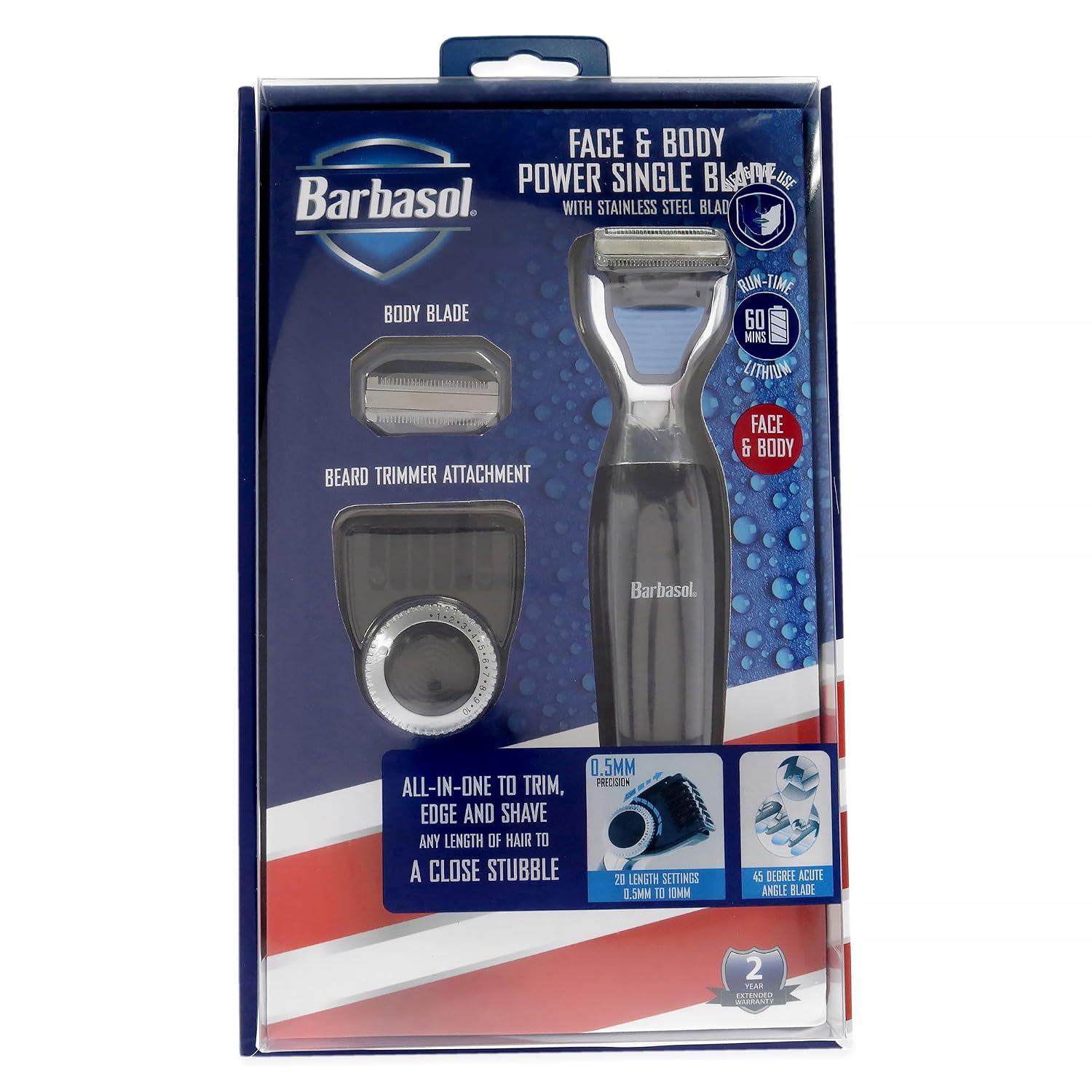 Barbasol Rechargeable Electric Wet and Dry Single Blade Shaver with Stainless Steel Blades and Adjustable Beard Trimmer Attachment