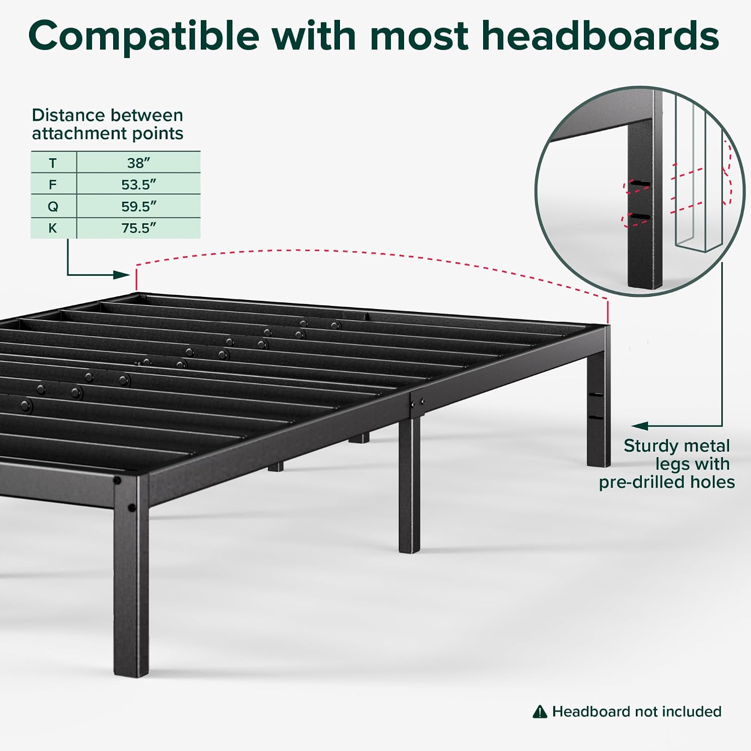 ZINUS Van 16 Inch Metal Platform Bed Frame / Steel Slat Support / No Box Spring Needed / Easy Assembly, Full