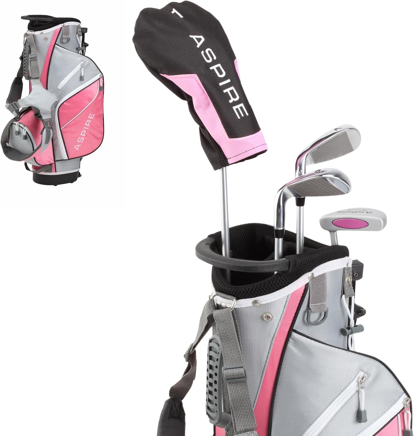 Aspire Junior Plus - Kids Complete Golf Club Set | Aircraft-Grade Aluminum, 15% Larger Clubhead, 7 Iron & Pitching Wedge, Progressive Flex Shafts, Rain Hood, 2 Headcovers
