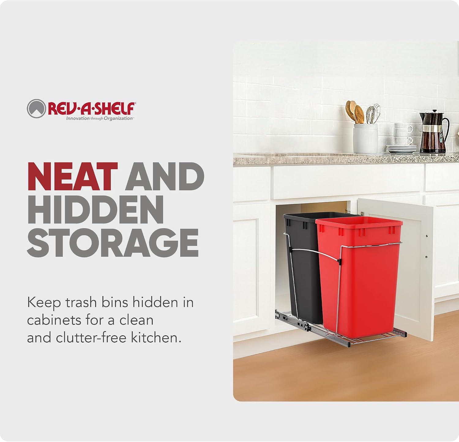 Rev-A-Shelf Double 27 Qt Pullout Trash Can for Base Kitchen Cabinets, Garbage Waste Bin System with Full Extension Slides, Min Opening Width of 11.5", Metallic Silver, RV-15KD-17C S