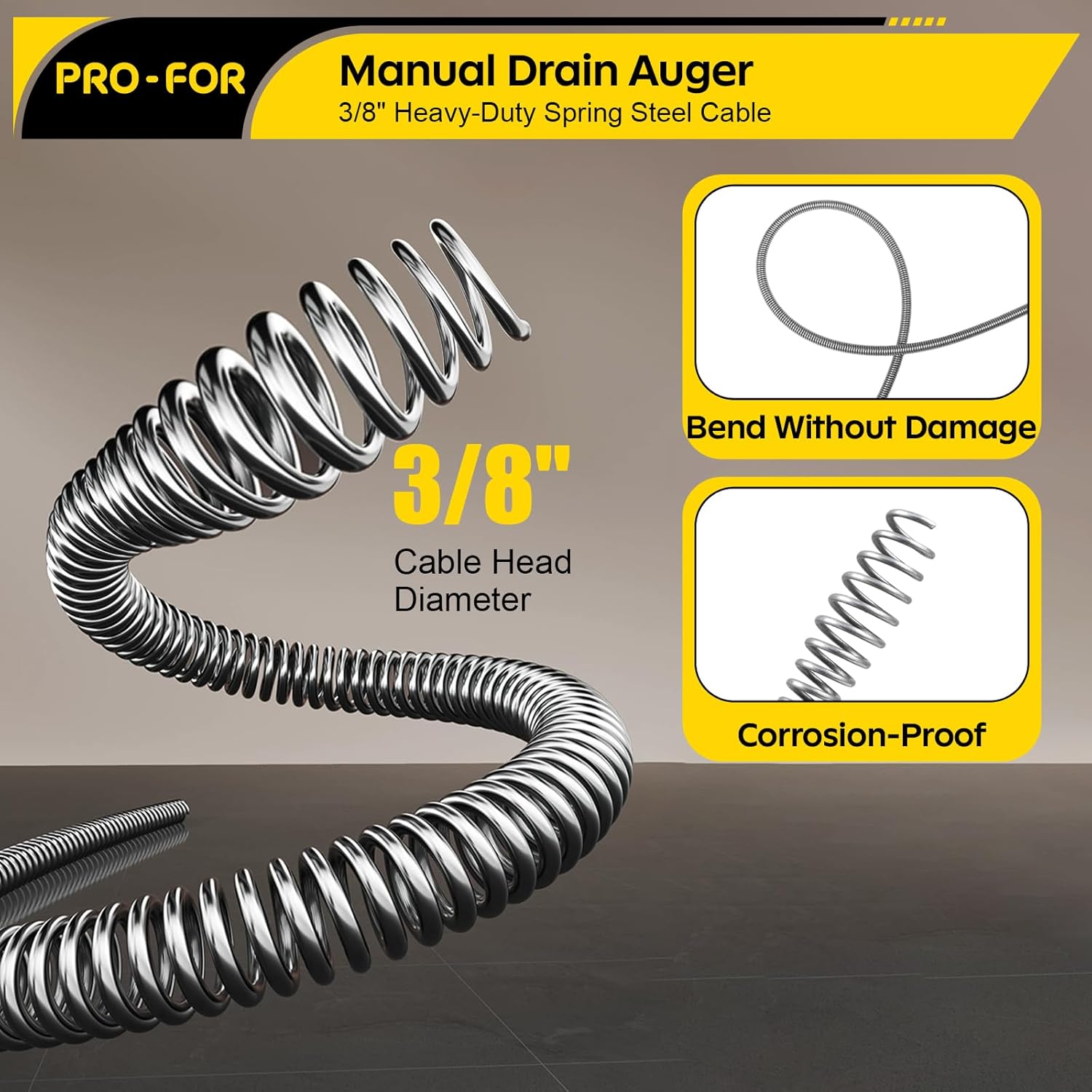 25FT Handheld Drain Auger, Heavy Duty Plumbing Snake for Clogged Drains, 3/8 Inch Diameter Manual Drain Cleaner for Sink, Bathtub