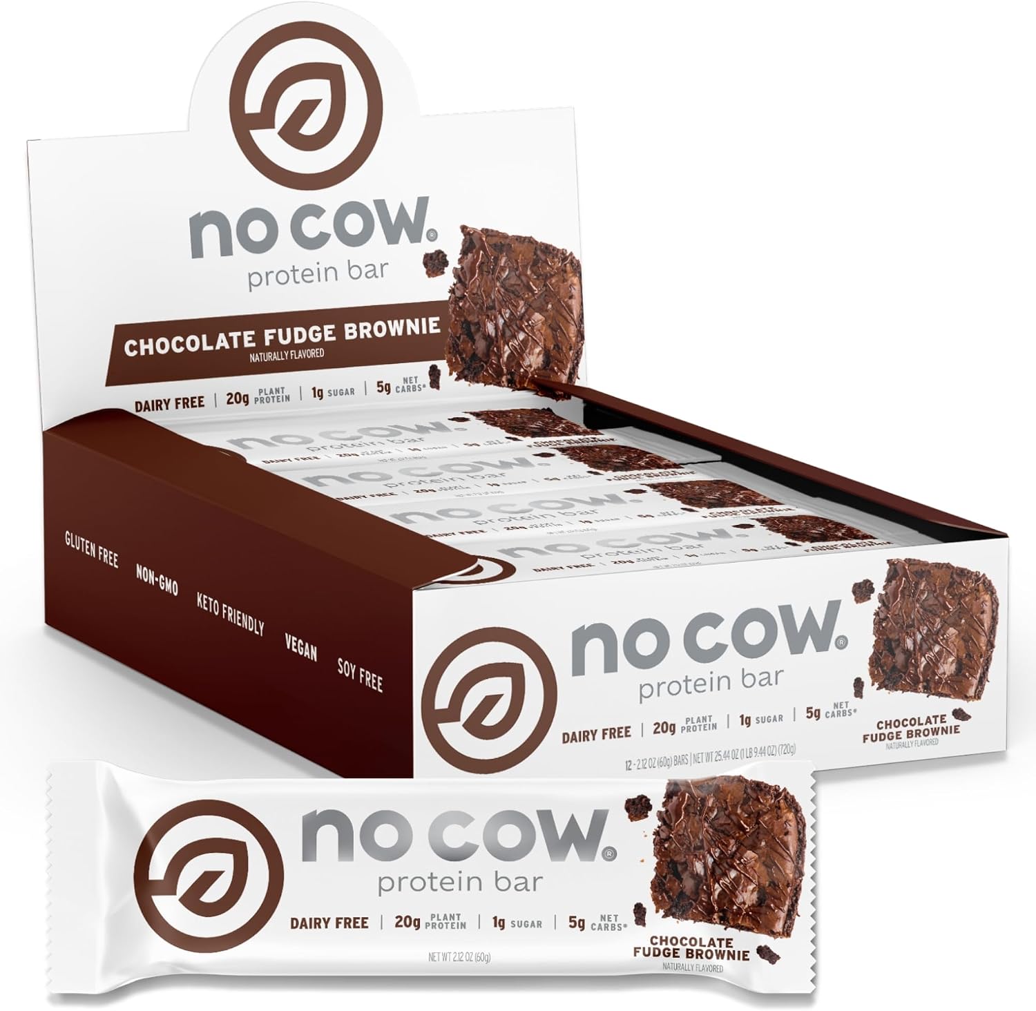 No Cow Chocolate Fudge Brownie Vegan Protein Bars, 12 Pack | 20g High Plant-Based Protein, High Fiber, Low Sugar, Gluten-Free, Dairy-Free, Soy-Free