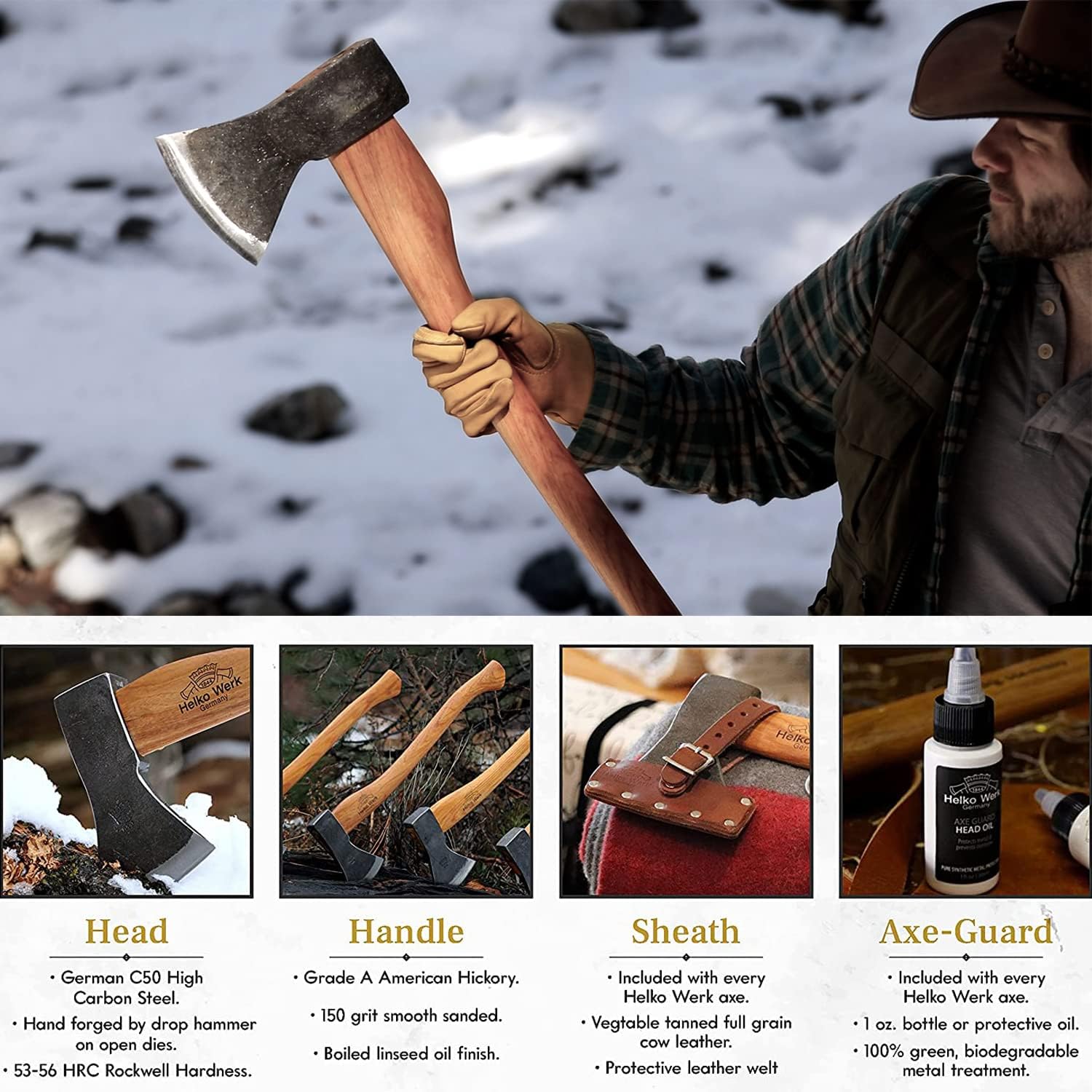 1844 Helko Werk Germany Traditional Hessen Woodworker Felling Axe (13563) | Made in Germany Hand Forged Felling Axe and Cutting Forest Axe for Felling Trees Head 2-3/4 lbs, Handle 28 inches