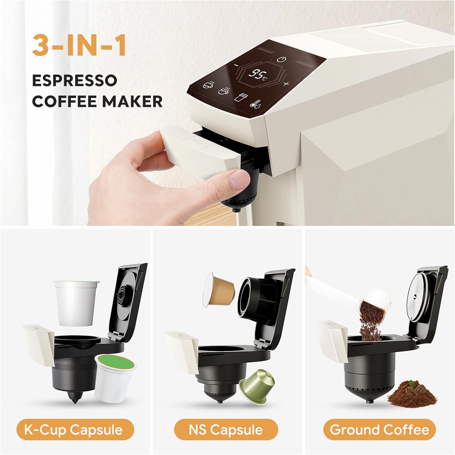 Max Espresso Coffee Maker for K-Cup, Espresso Machine for Nespresso Original Coffee Pods, Ground Coffee, Machine for Cappuccino & Latte