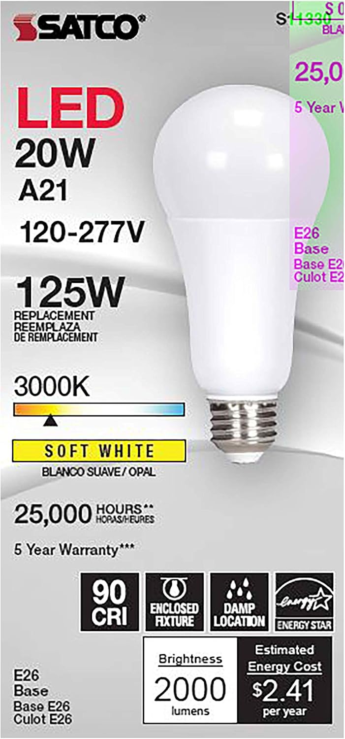 Satco S11332 LED A21 Lamp, 5000K, 220 deg. Beam Angle , White