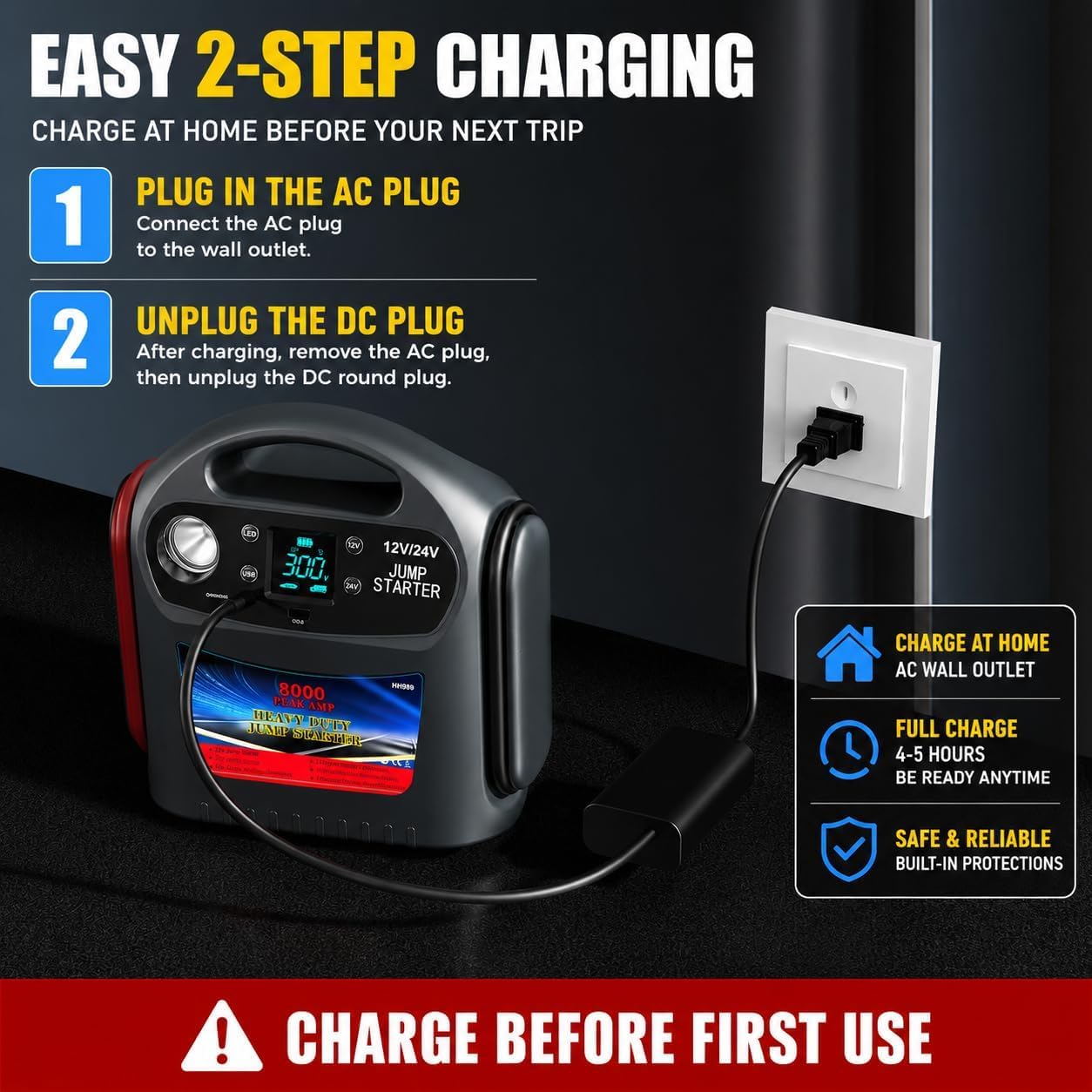 8000A Car Battery Jump Starter, Heavy Duty Jump Box for Gas & Diesel Vehicles, 12V/24V Portable Power Pack with LED Light for Trucks, SUVs