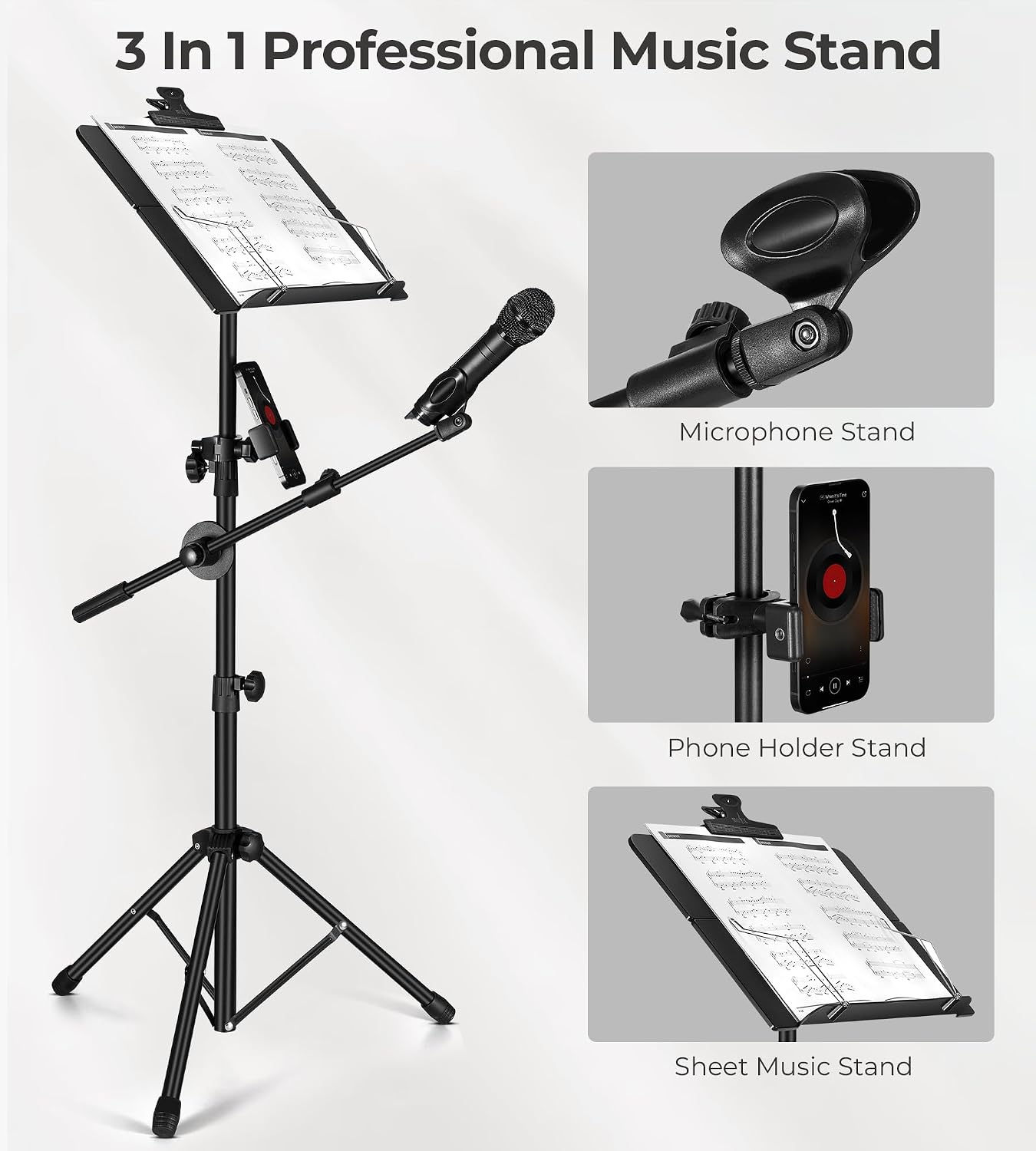 Music Stand, Vangoa Folding Sheet Music Stand with Detachable Microphone Stand & Phone Holder, Portable Lightweight with Music Sheet Clip Holder & Carrying Bag for Instrumental Performance