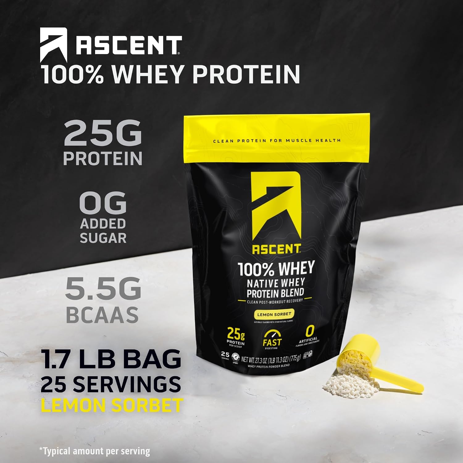 Ascent 100% Whey Protein Powder - Post Workout Whey Protein Isolate, Zero Artificial Flavors & Sweeteners, Gluten Free, 5.5g BCAA, 2.6g Leucine, Unflavored 2 lb
