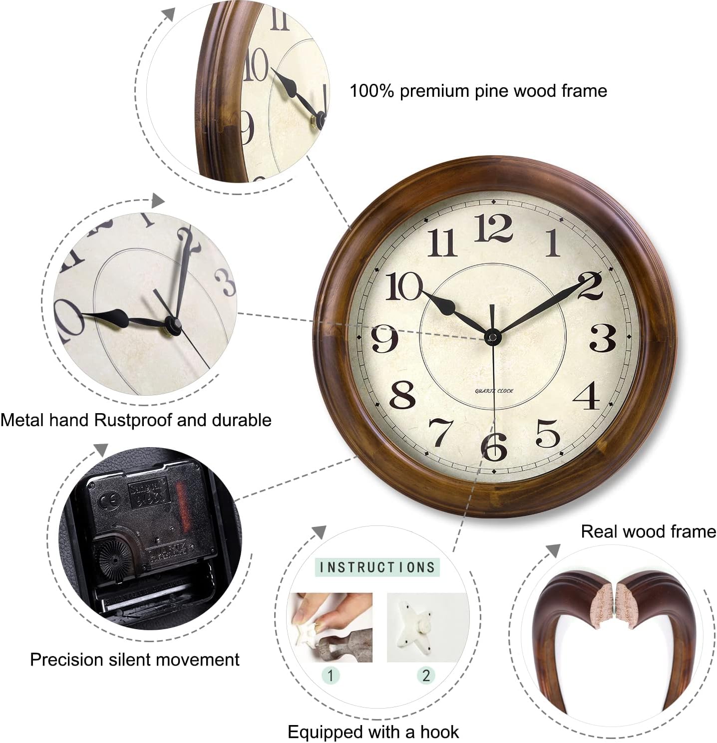 Kesin Wall Clock Wood 14 Inch Silent Wall Clocks Large Decorative