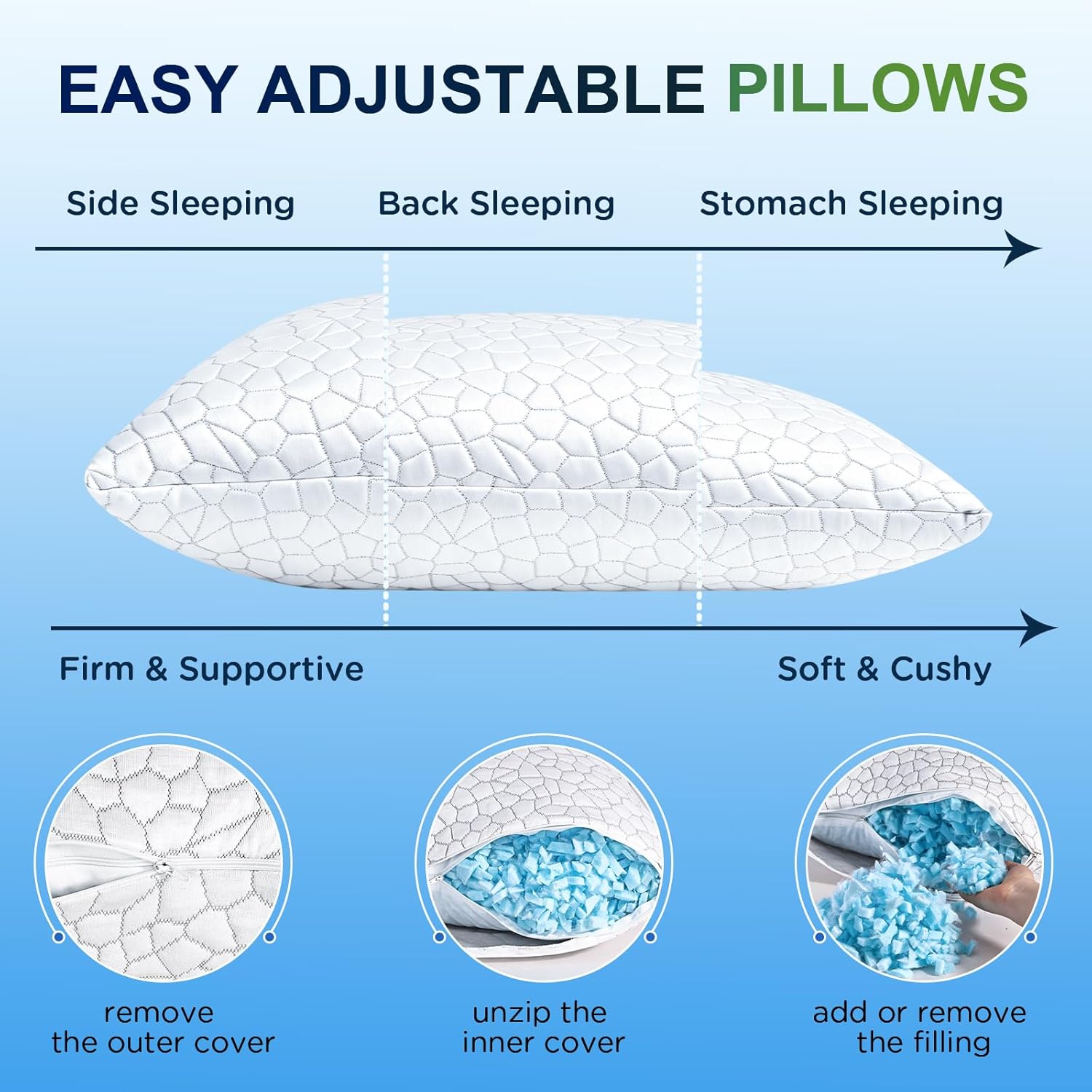 SUPA MODERN Cooling Pillow Queen Size Set of 2, CertiPUR-US Shredded Memory Foam Pillows for Sleeping, Cool Bed Pillows for Hot Sleepers, Adjustable Firm Pillow for Side,Back,Stomach Sleepers